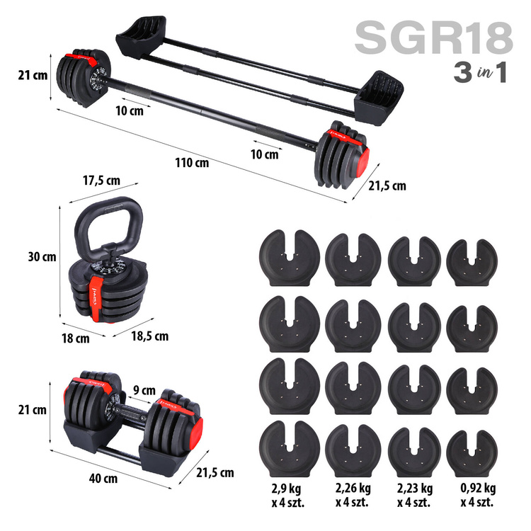 Zestaw regulowanych sztangielek SGR18 PRO 3w1 41 kg - HMS