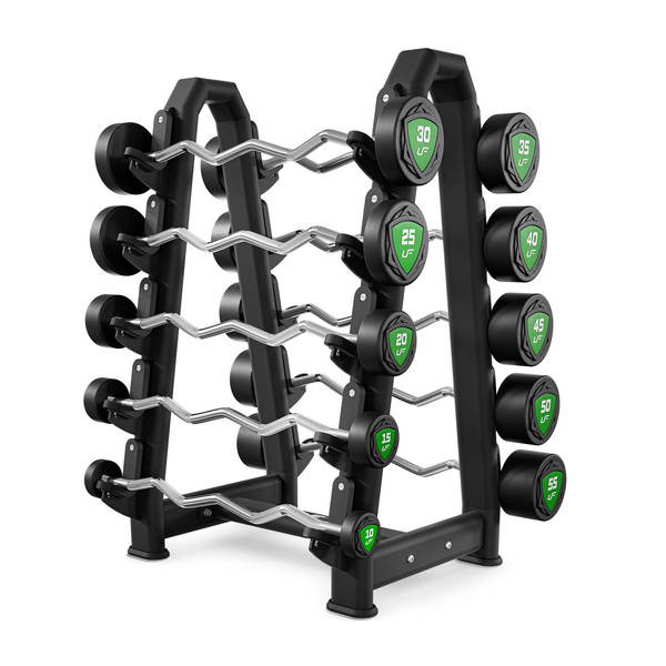 Zestaw sztang łamanych poliuretanowych 10-55 kg (skok co 5 kg) 325 kg ze stojakiem na sztangi UR-S001 – UpForm