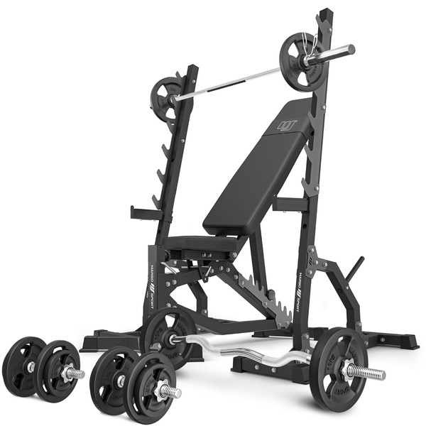 Zestaw MS8_2.0_83KG | Dwustronnie regulowana ławka treningowa + wielopoziomowe stojaki (2 sztuki) + zestaw gryfów i obciążeń 83 kg - Marbo Sport